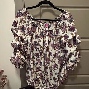 Vince Camuto Floral Puff Sleeve Blouse - Purple and Cream